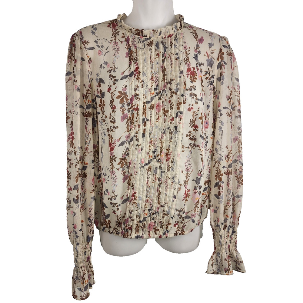 Reserved Women Blouse Sheer Floral Pintuck High Ruffle Neck Smocking Cottage UK6